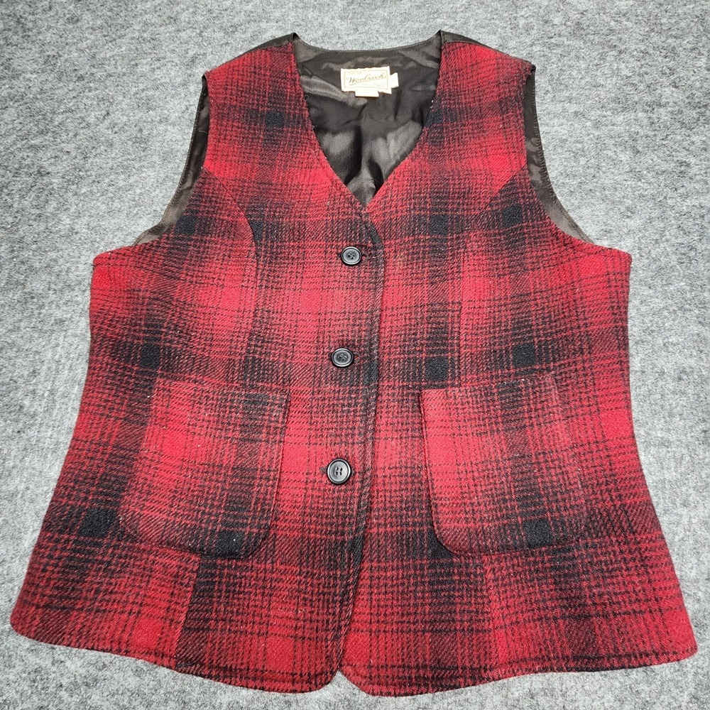 Woolrich Womens Vintage Black Red Wool Plaid Dress Vest Waist Coat Large